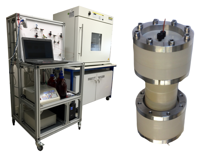 Ongoing percolation experiment:the percolation cell is located inside the oven,
the pump system, recharge- and discharge fluid storage, and the board with the flow line are
installed on a mobile rack